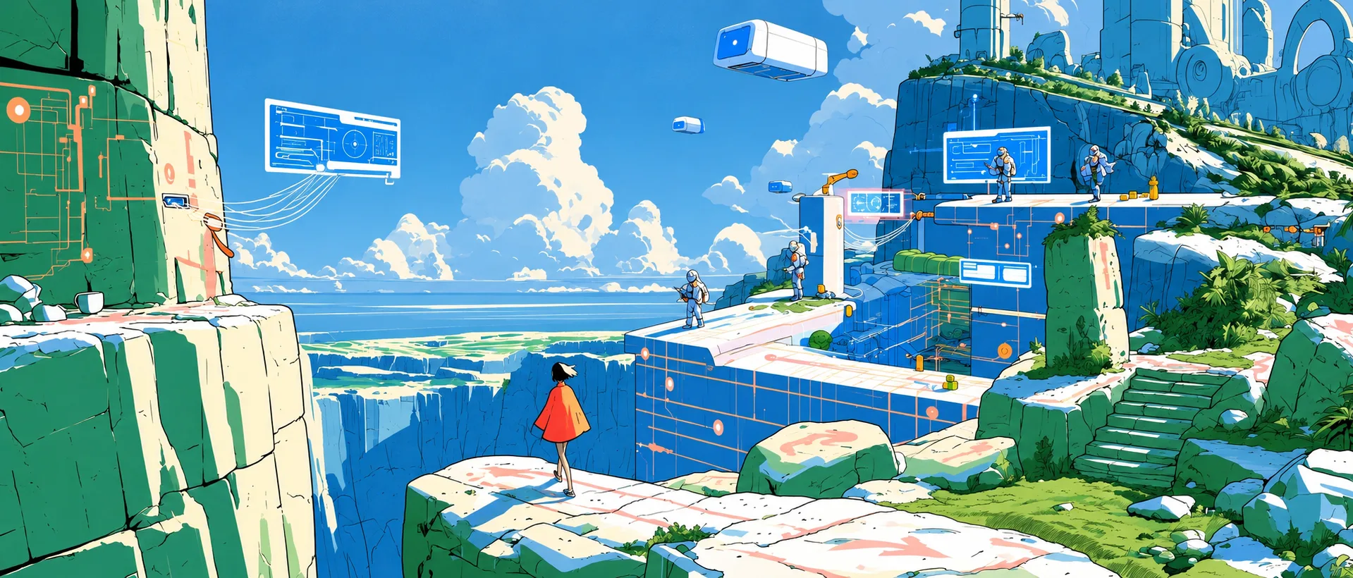 Illustrated scene of a cliffside facility with robots and holographic interfaces under a blue sky